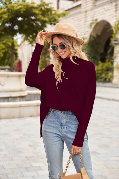 Ribbed Turtleneck Long Sleeve Slit Sweater