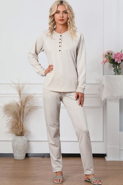 Half Button Round Neck Top and Drawstring Pants Lounge Set