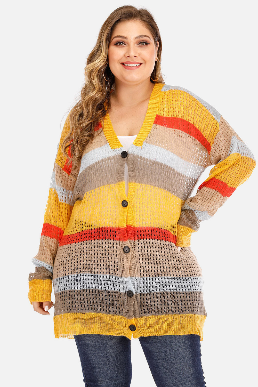 Plus Openwork Color Block Button Up Cardigan