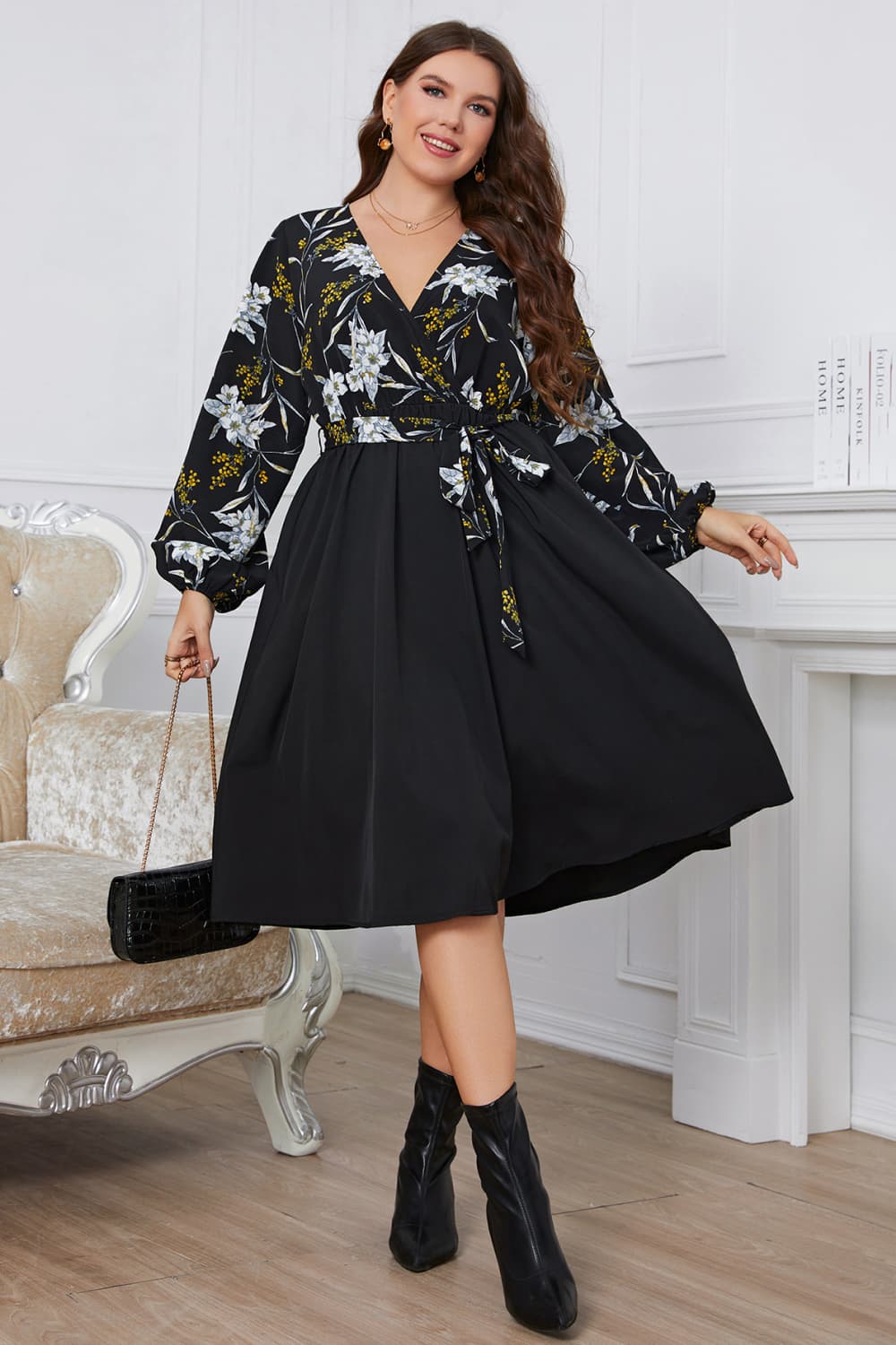 Melo Apparel Plus Size Floral Print Surplice Neck Tie Belt Midi Dress