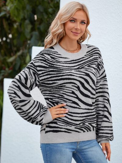 Animal Print Round Neck Dropped Shoulder Sweater