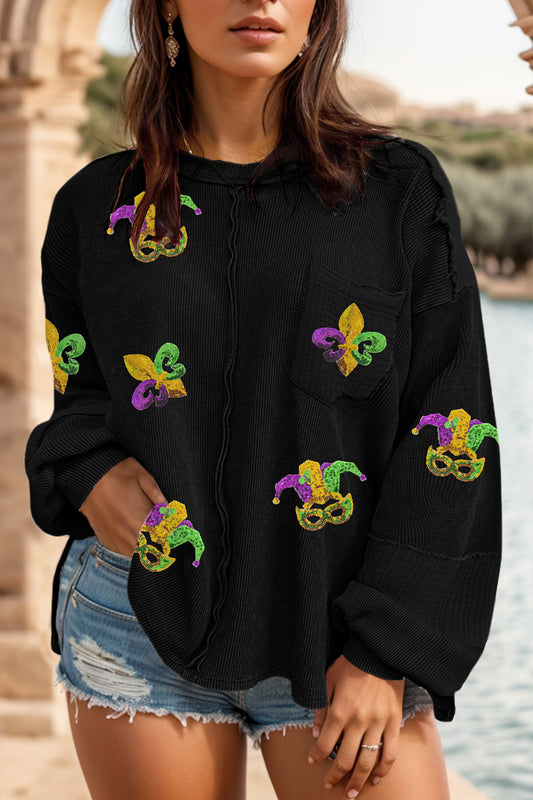 Plus Size Mardi Gras Sequin Round Neck Sweatshirt