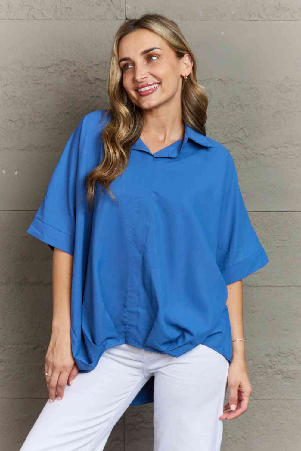 Plus Size Collared Half Sleeve Hem Detail Top