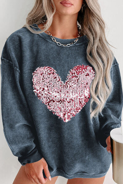 Plus Size Heart Sequin Round Neck Sweatshirt