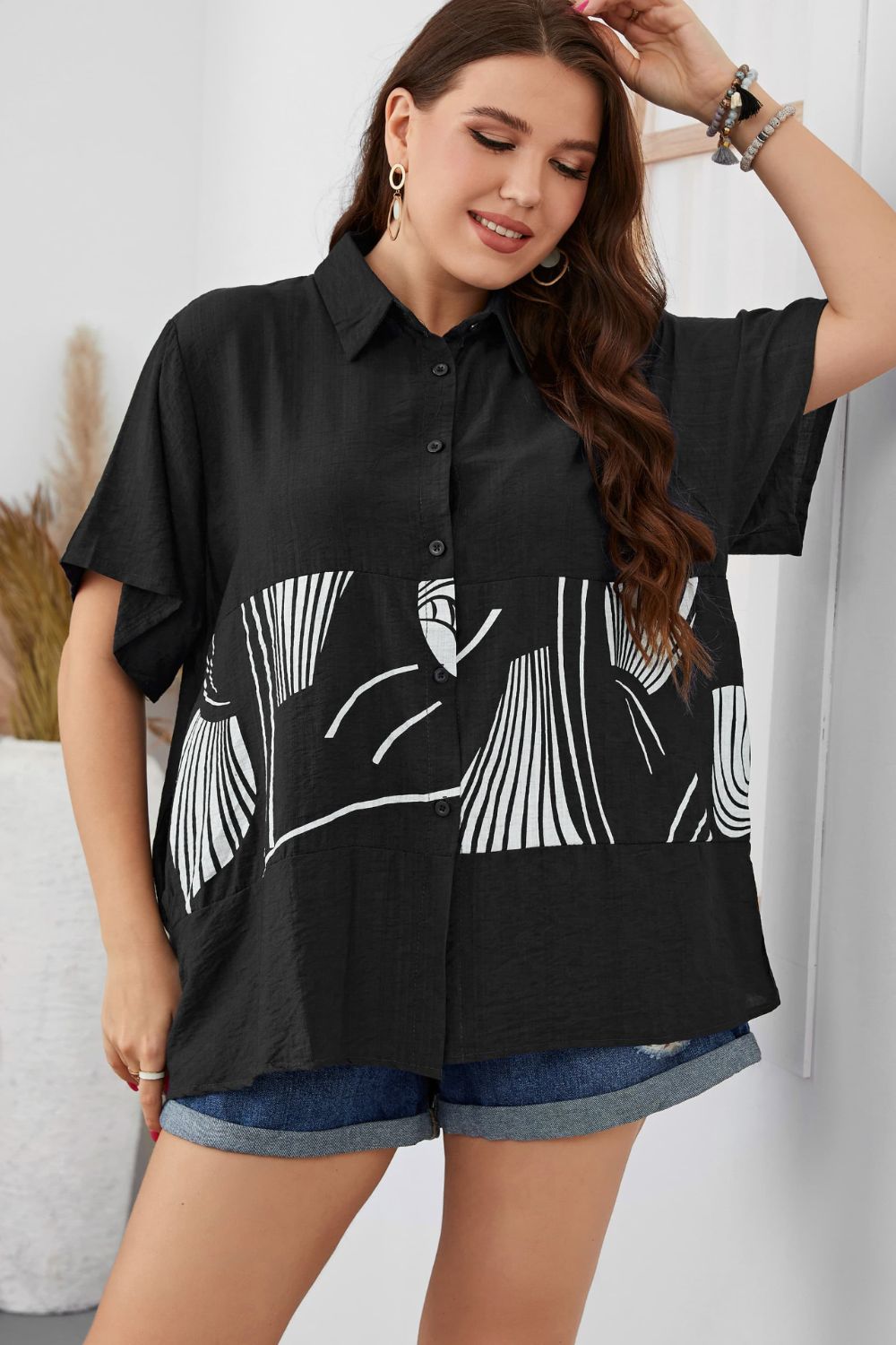 Plus Size Printed Flutter Sleeve Shirt