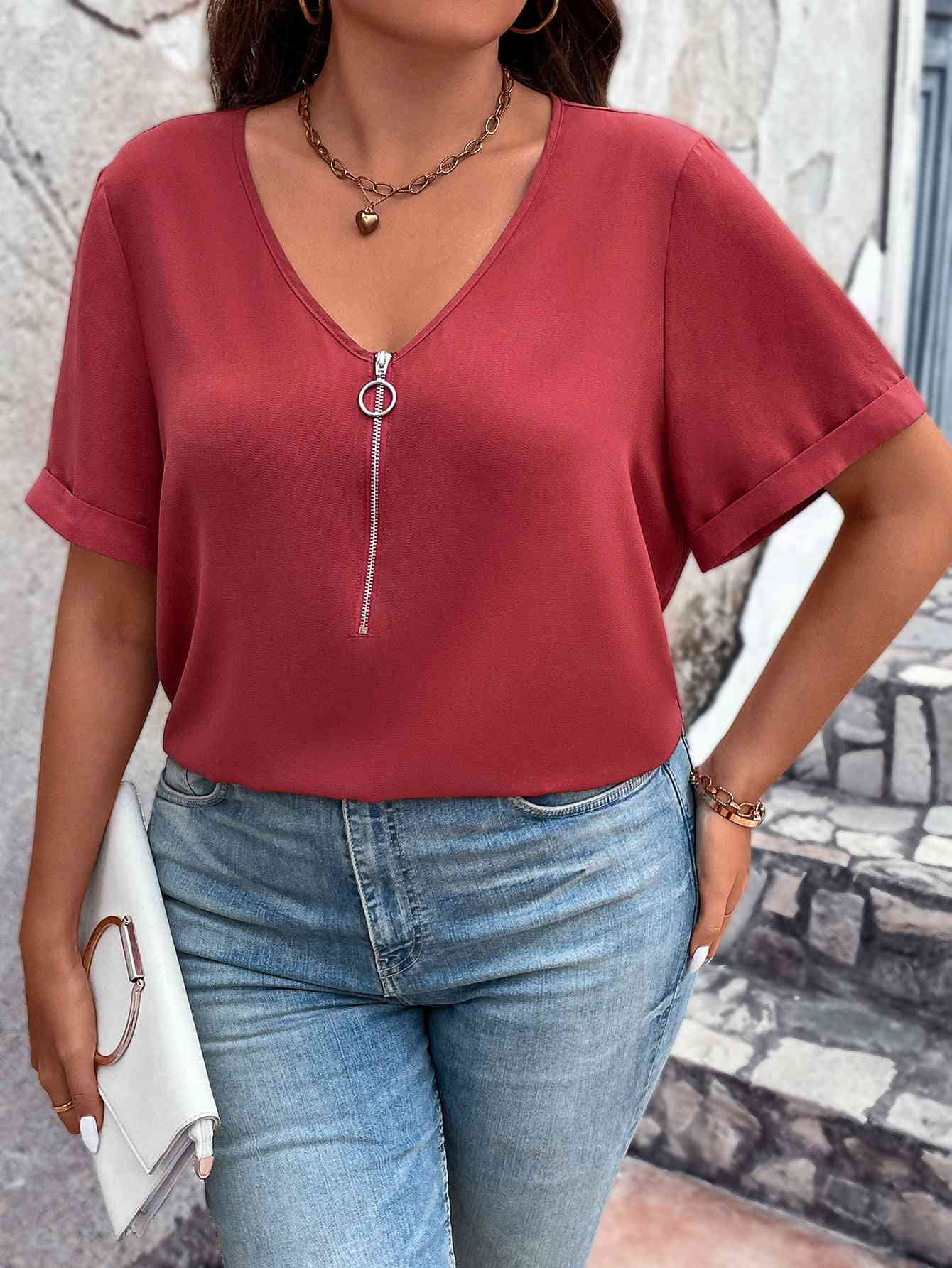 Plus Size V-Neck Short Sleeve Blouse with Zipper