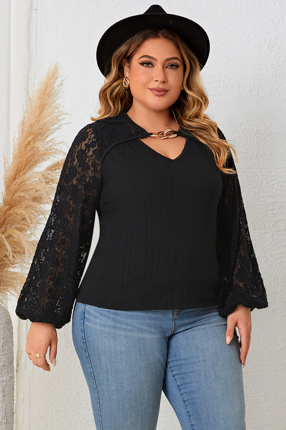 Plus Size Cutout Front Lace Sleeve Blouse