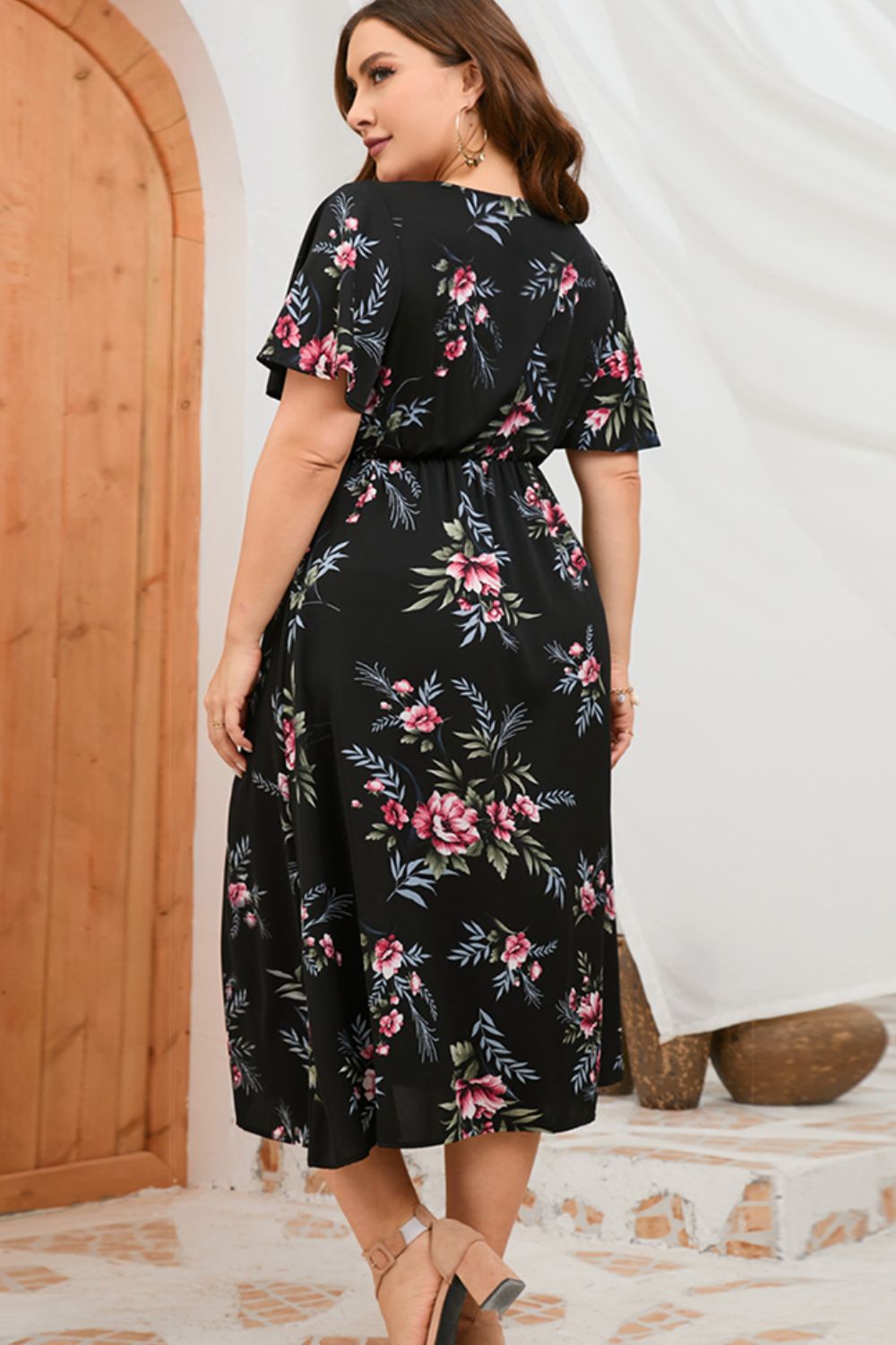 Plus Size Floral Short Sleeve Split Dress