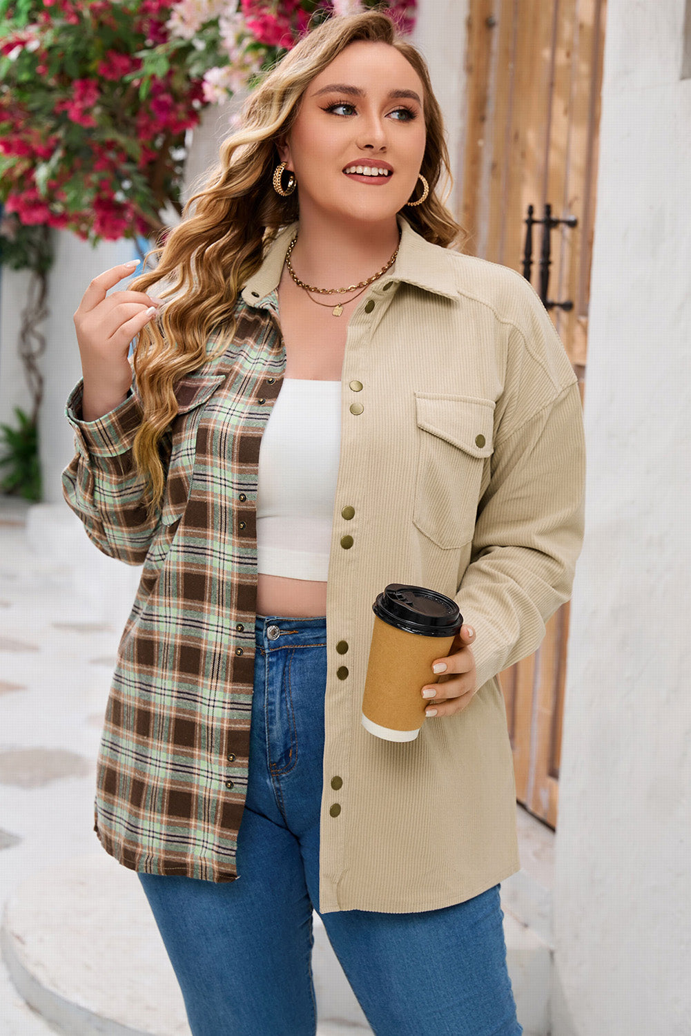 Plus Size Washed Cord Plaid Shirt