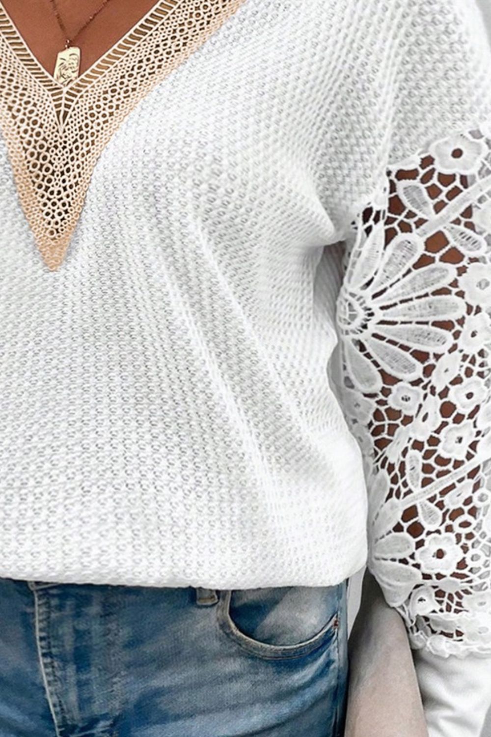 Plus Size Waffle-Knit Crochet V-Neck Blouse