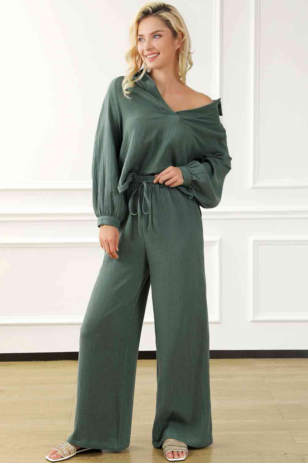 Collared Neck Top and Drawstring Pants Set