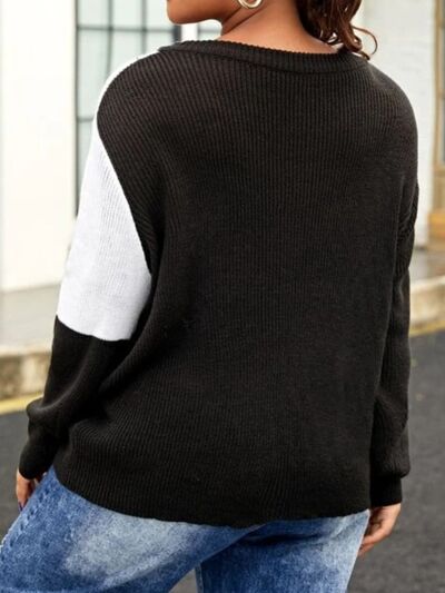 Plus Size Color Block Round Neck Sweater