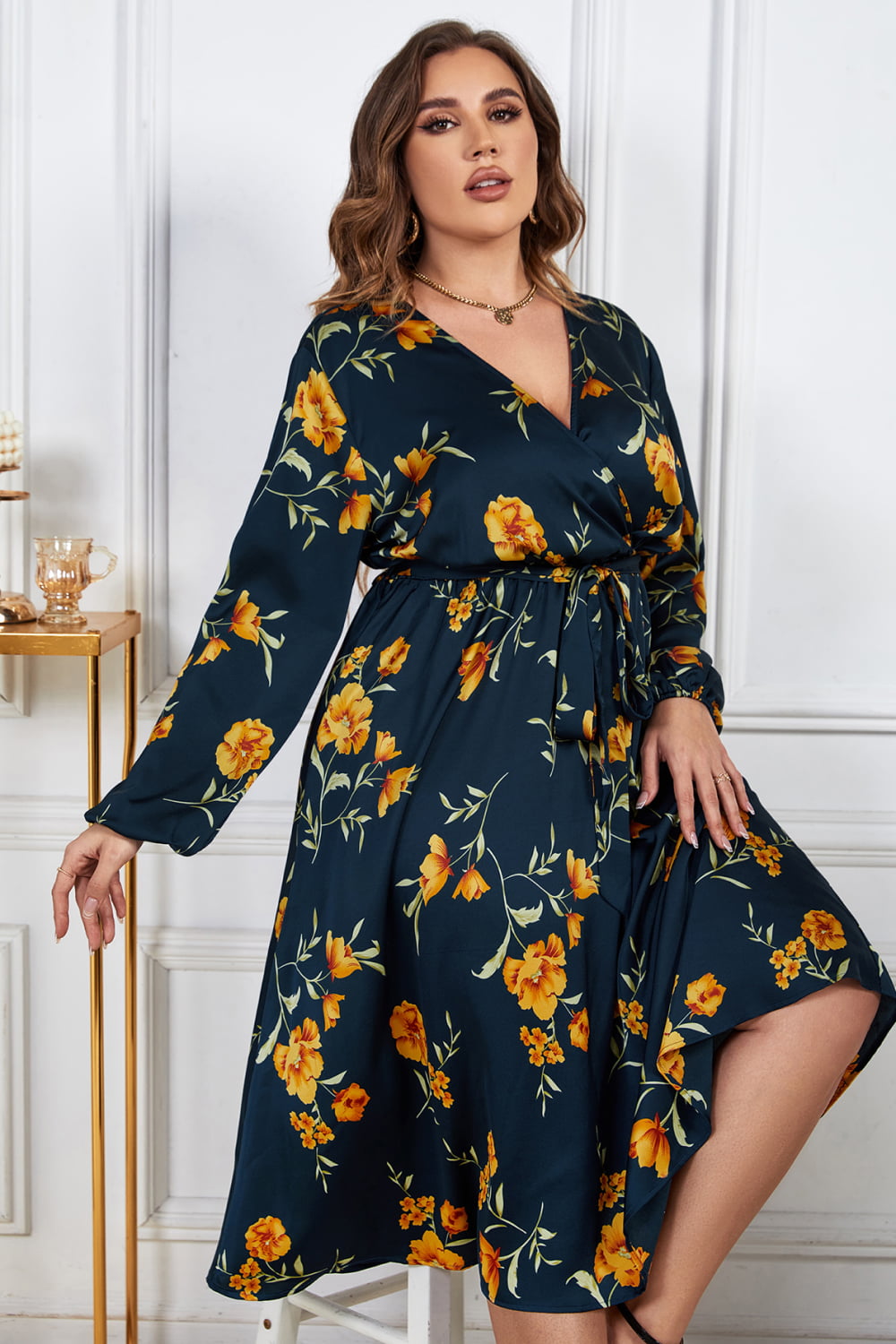 Melo Apparel Plus Size Floral Print Surplice Neck Midi Dress